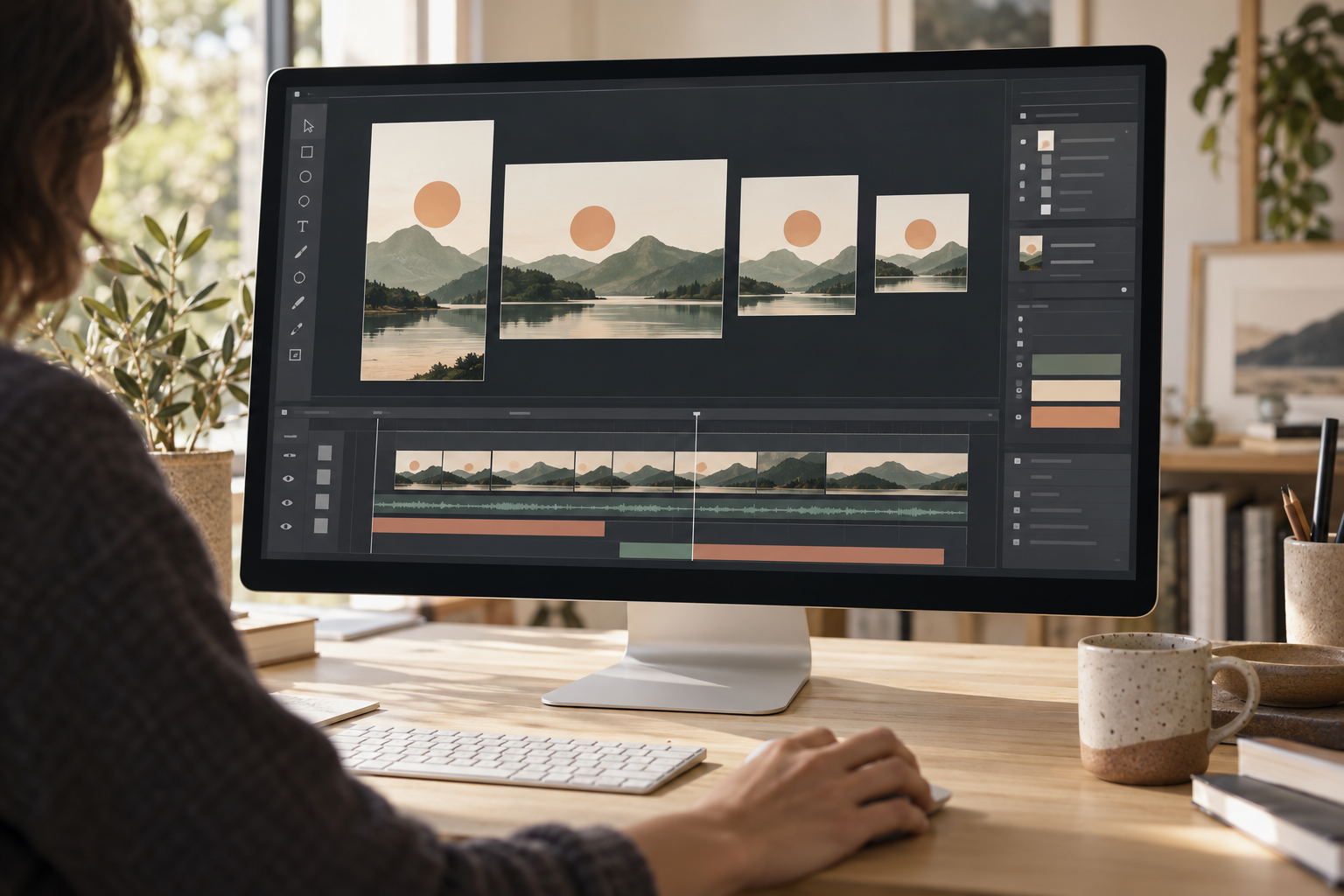 A design production workspace showing one campaign adapted across formats
